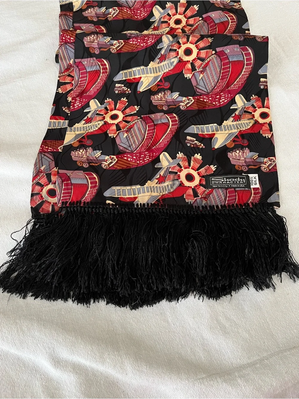 RARE Vintage Shady Character 100% SILK Fringe Scarf Made In New York USA